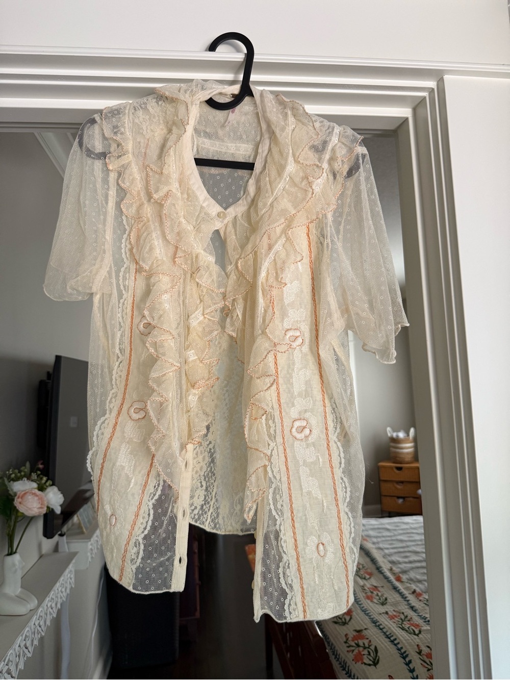 Free People Sheer Ruffled Lace Blouse in Cream